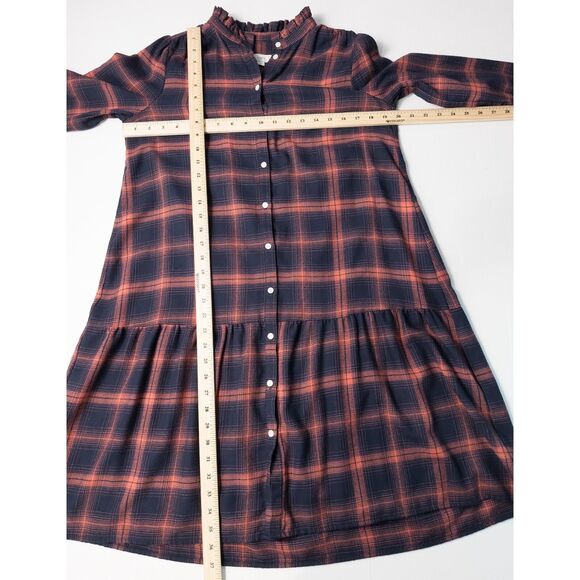 Loft Plaid Drop Waist Shirt Dress Small Tall Navy Blue Pink Cottage Prairie - Picture 4 of 16